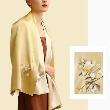 Hand Embroidered Silk Scarf Long Silk Scarf Solid Color, Magnolia